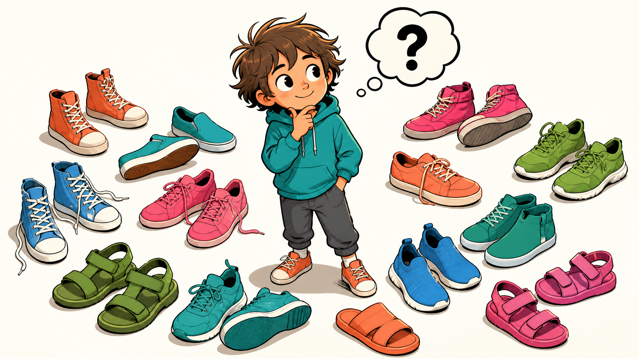 Bunte Kinderschuhe in einer Reihe – Illustration im Pross-Stil