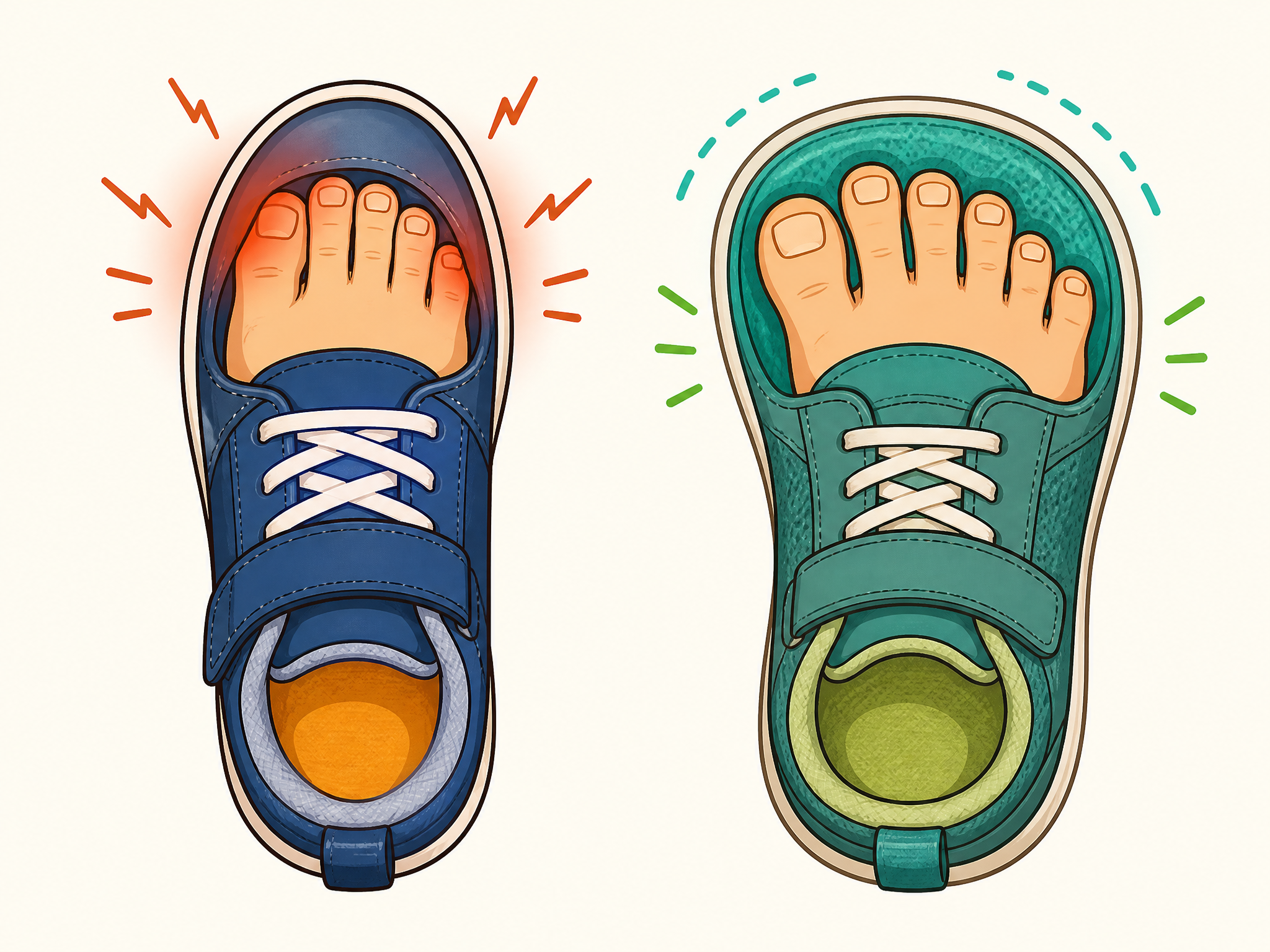 Vergleich: schmaler Schuh mit gedrückten Zehen gegenüber breitem Schuh mit Platz für die Zehen